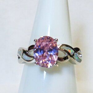 Silver Ring Size 6 White Lab Opal Inlay 8mm * 6mm Pink Sapphire - New Old Stock